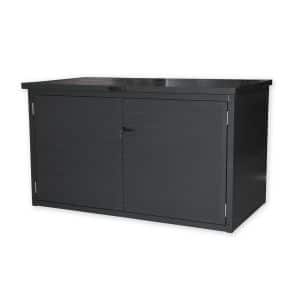 Technikbox Premium in der Farbe Anthrazit RAL 7016 mit zwei Fronttüren und geöffnetem Deckel.