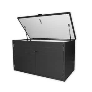 Technikbox Premium in der Farbe Anthrazit RAL 7016 mit zwei Fronttüren und geöffnetem Deckel.