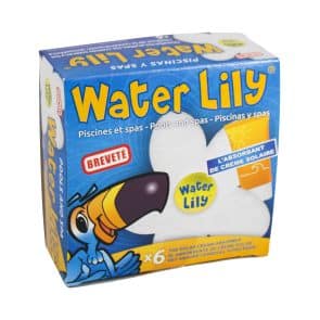 Verpackung des Water Lily Schmutzabsorbers im 6er-Pack. Die blaue Schachtel zeigt einen Tukan, ein blütenförmiges Absorber-Pad und den Hinweis zur Absorption von Sonnencremes für Pools und Spas.